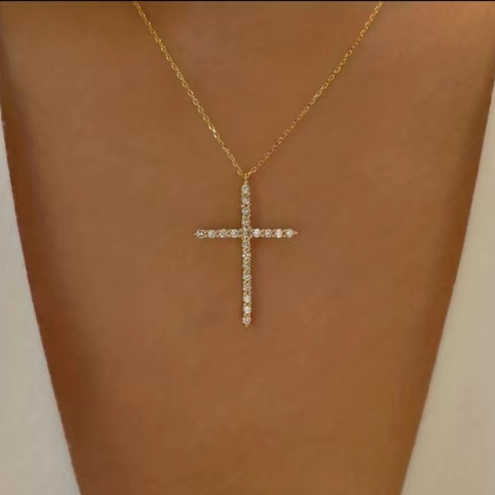 Golden Rhinestone Cross   Crystal Necklac
